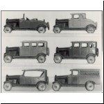 GM Series body styles (from top left): roadster, coupe, sedan, brougham, touring car and van